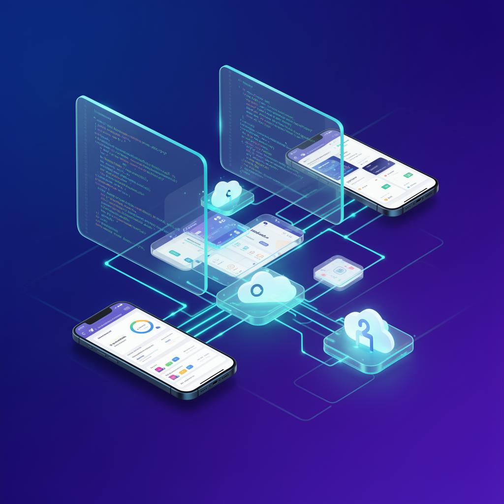 Software development illustration showing code, dashboards, mobile apps, and cloud infrastructure