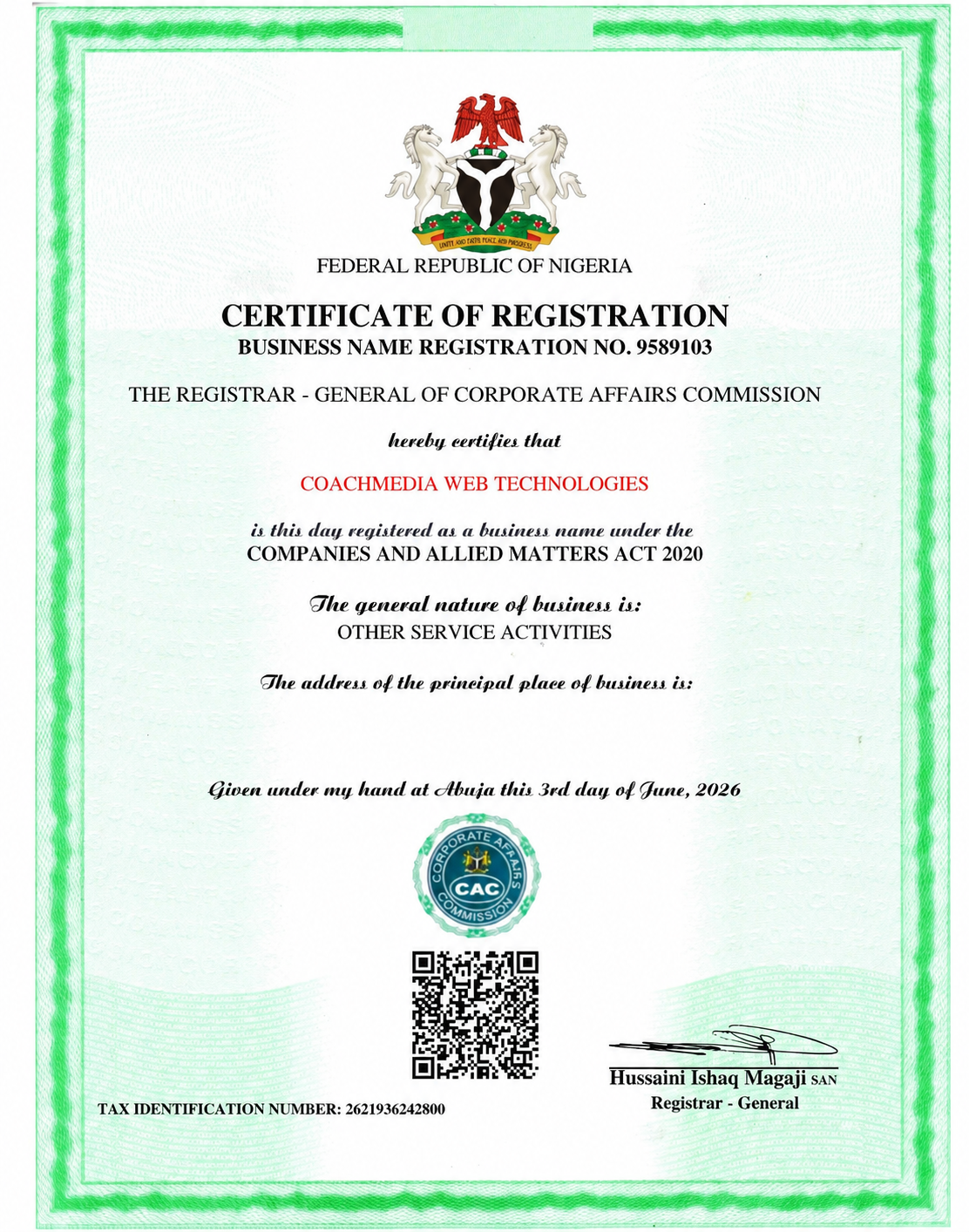 CoachMedia Web Technologies CAC Certificate of Registration No. 9589103